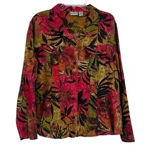 Chico's Womens 100% Linen Floral Button Up Jacket Size 2 (L) Long Sleeves